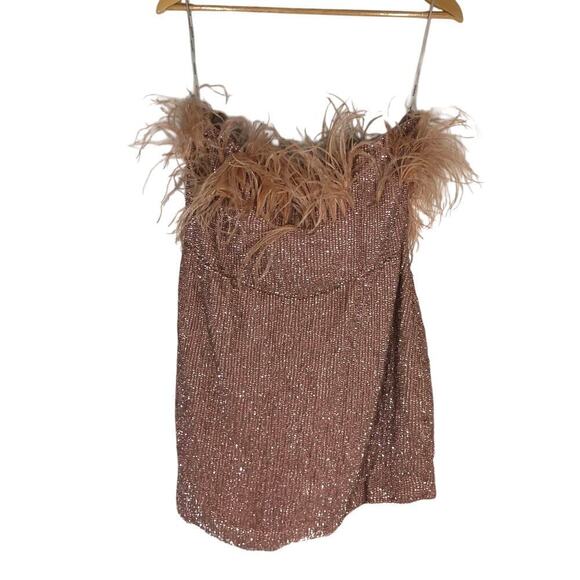 Retrofete Torin Feather Dress Sequin Off The Shoulder Mini Dusty Peach NWT XL - Picture 5 of 9